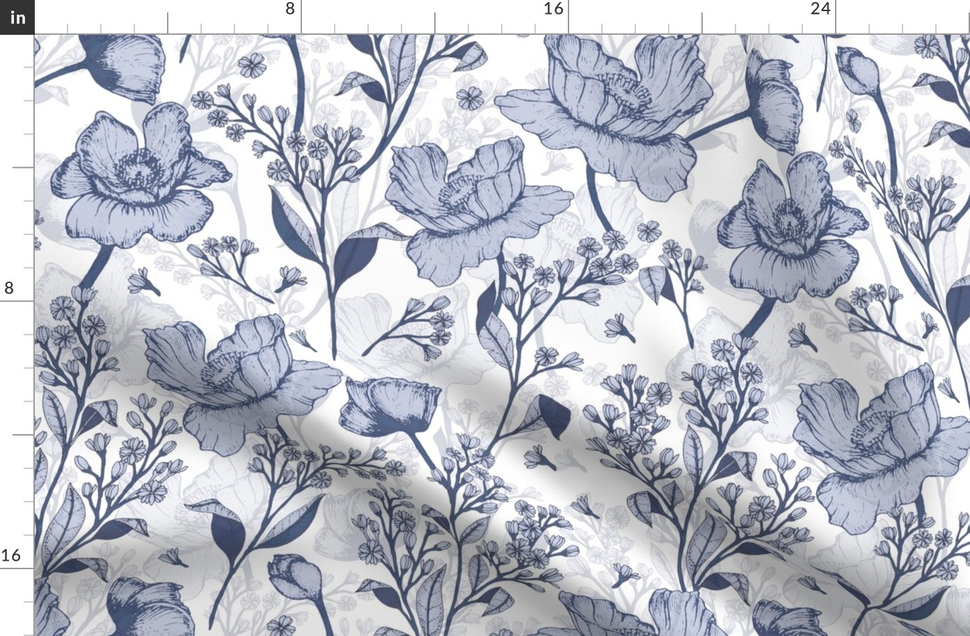 18" Sweet summer blue vintage roses, roses fabric, english blue country, blue and white fabric