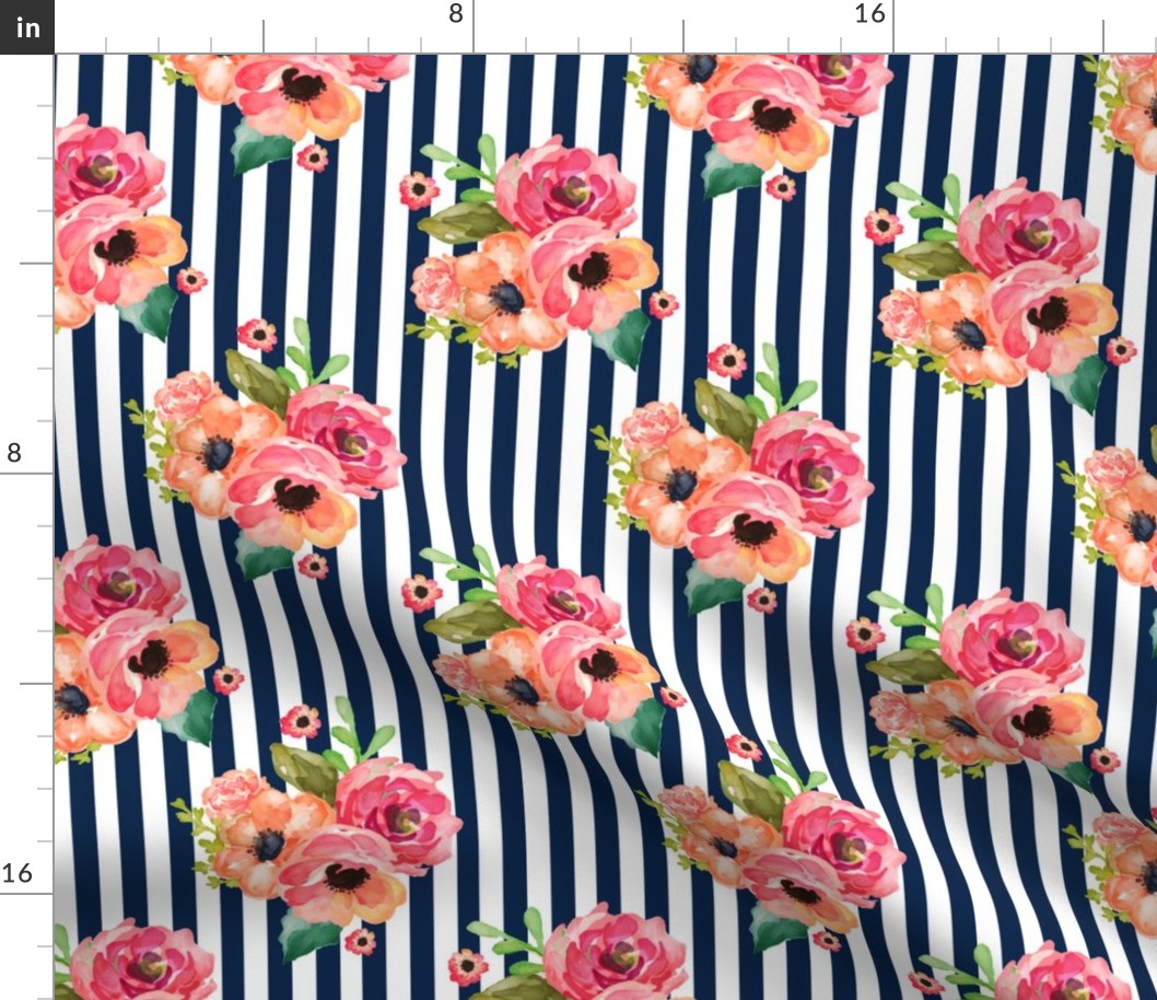 8" Floral Polka Navy Stripes 90 Degrees