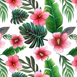  hibiscus flower tropical palm leaf print fabric, wallpaper or décor // pink hibiscus, watercolor