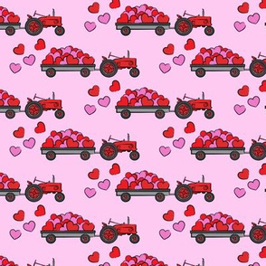 vintage tractors - valentines day hearts - pink fabric