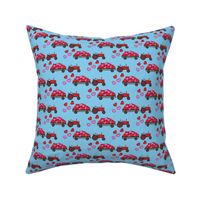 vintage tractors - valentines day hearts - blue fabric