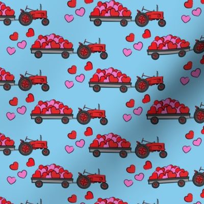 vintage tractors - valentines day hearts - blue fabric