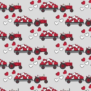 vintage tractors - valentines day hearts - red & grey fabric