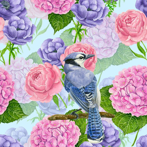 Blue jay and flowers watercolor pattern