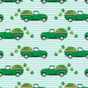 Vintage Truck with Shamrocks - St Patrick's Day - Green on Mint Stripes