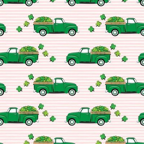 Vintage Truck with Shamrocks - St Patrick's Day - Green on Pink Stripes