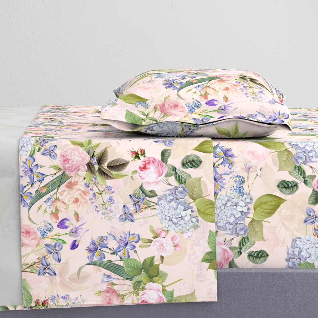 Nostalgic Enchanting Pink Pierre-Joseph Redouté Springflowers And Roses,Blue Hydrangea,Lilacs,Lilies, Antique Flowers Bouquets, vintage home decor,  English Roses Fabric light pink