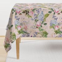 Nostalgic Enchanting Pink Pierre-Joseph Redouté Springflowers And Roses,Blue Hydrangea,Lilacs,Lilies, Antique Flowers Bouquets, vintage home decor,  English Roses Fabric light pink