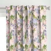 Nostalgic Enchanting Pink Pierre-Joseph Redouté Springflowers And Roses,Blue Hydrangea,Lilacs,Lilies, Antique Flowers Bouquets, vintage home decor,  English Roses Fabric light pink