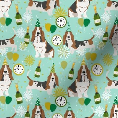 basset hound new years eve fabric - cute nye dog fabric, dog, dogs, basset hounds, cute dogs, cute dog - mint