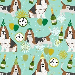 basset hound new years eve fabric - cute nye dog fabric, dog, dogs, basset hounds, cute dogs, cute dog - mint