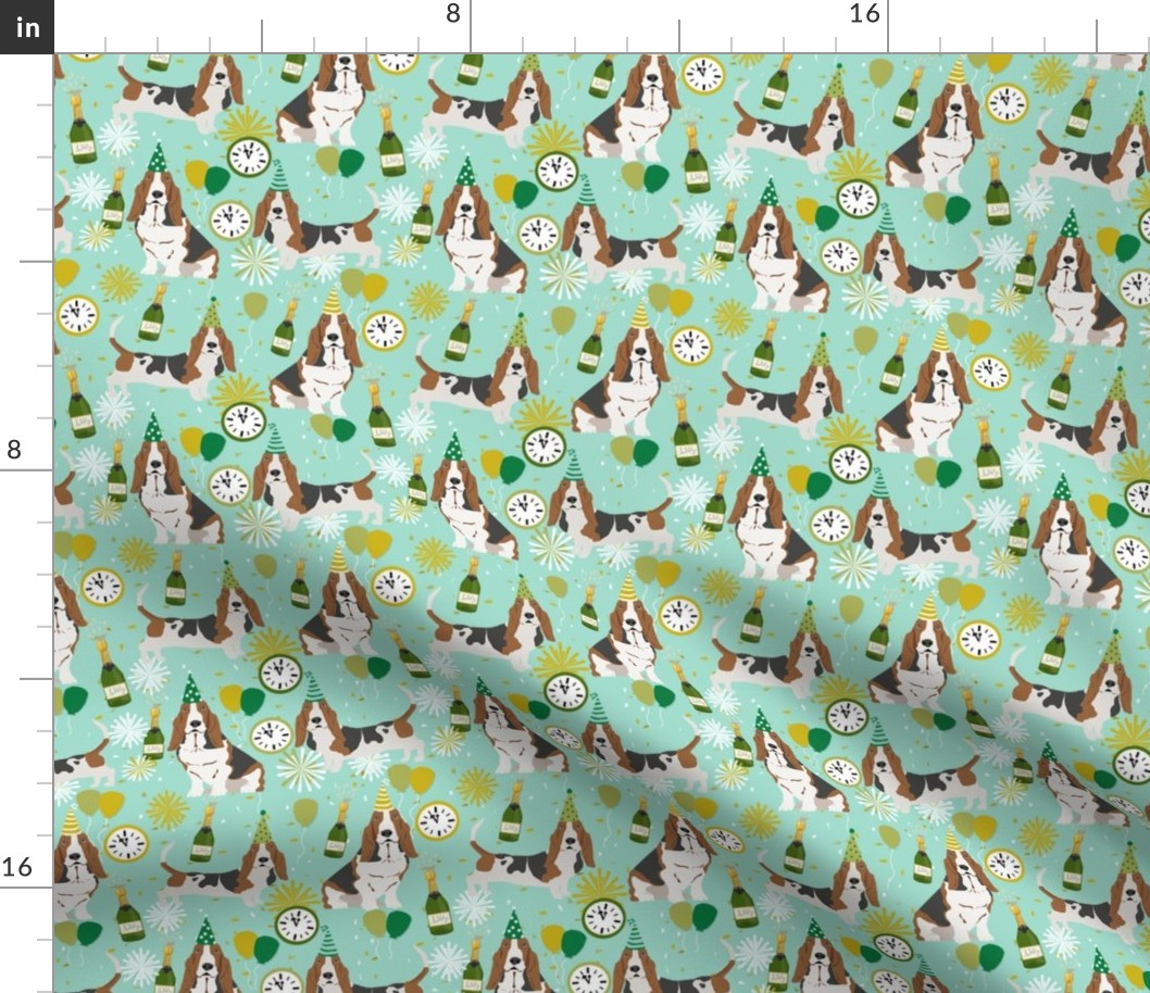 basset hound new years eve fabric - cute nye dog fabric, dog, dogs, basset hounds, cute dogs, cute dog - mint