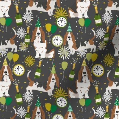 basset hound new years eve fabric - cute nye dog fabric, dog, dogs, basset hounds, cute dogs, cute dog - grey