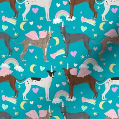 italian greyhound unicorn pastel rainbow fabric - cute dog fabric, italian greyhound fabric, pastel unicorn fabric, - peacock blue