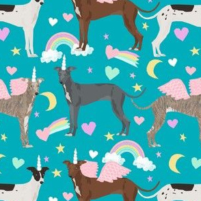 italian greyhound unicorn pastel rainbow fabric - cute dog fabric, italian greyhound fabric, pastel unicorn fabric, - peacock blue