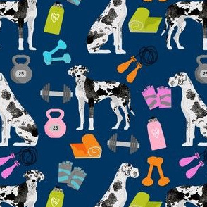 great dane fitness pattern fabric - harlequin great dane, dog, dog fitness, great dane workout, workout fabric - navy