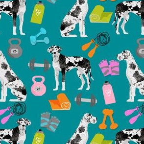 great dane fitness pattern fabric - harlequin great dane, dog, dog fitness, great dane workout, workout fabric - teal
