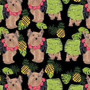 yorkie hula dog fabric - yorkshire terrier dog fabric, yorkie hula fabric , pineapple hawaii fabric - black