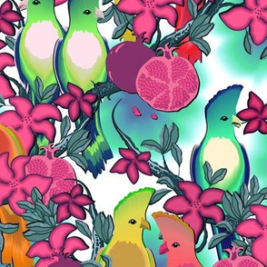 Cute birds in flowering branches on a turquoise background