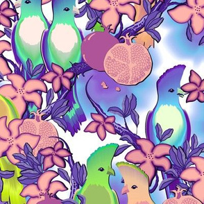 Cute birds in flowering branches on purple background