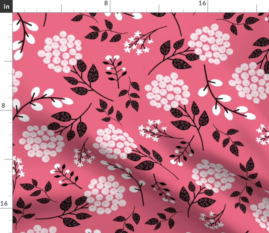 Mary's Floral (watermelon) Black + White Flower Fabric, LARGER scale
