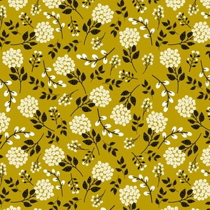 Mary's Floral (goldenrod) Black + White Flower Fabric, SMALLER scale