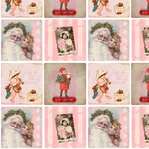 10" Vintage Christmas Holidays cheater quilts patchwork christmas santa pink  1