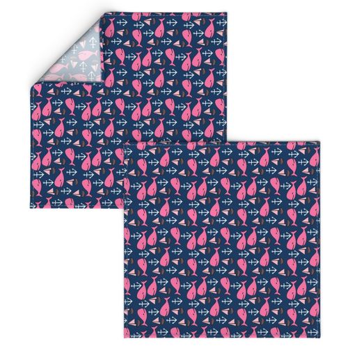 Pink and Navy blue baby girl nursery fabric - whale nursery design by andrea