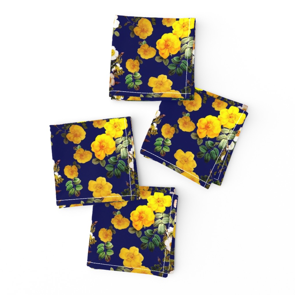 Yellow rose, Redoute rose / navy, yellow and white floral