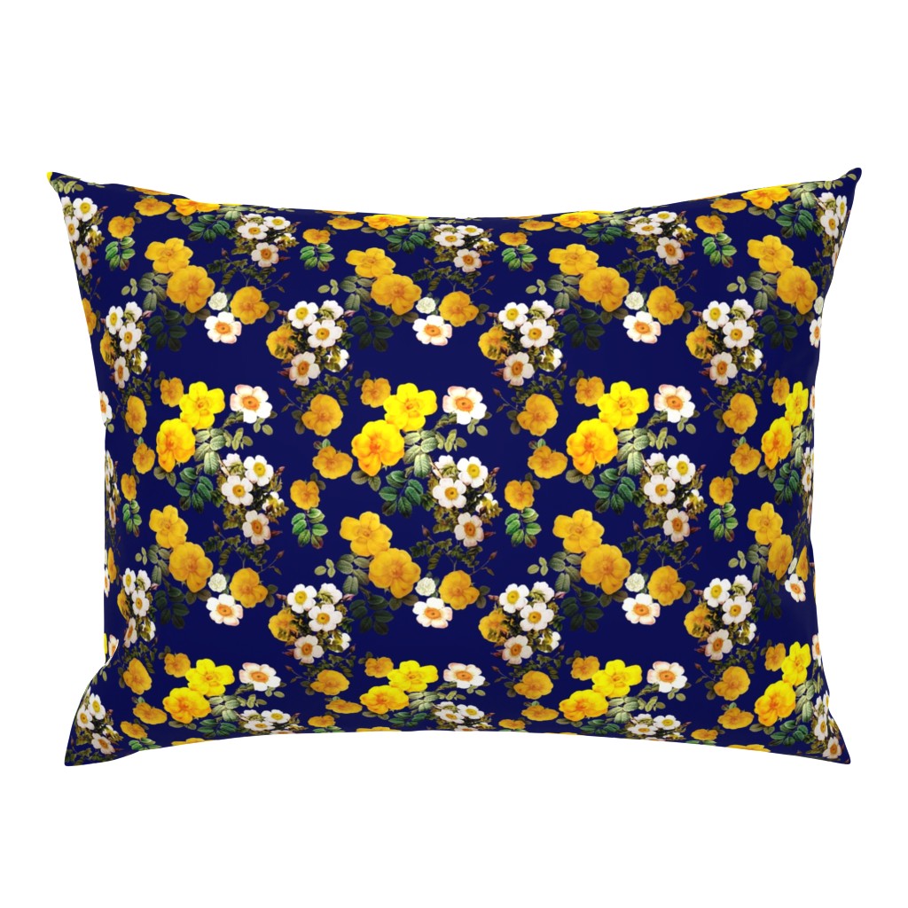 Yellow rose, Redoute rose / navy, yellow and white floral