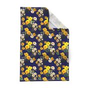 Yellow rose, Redoute rose / navy, yellow and white floral