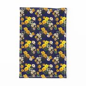 Yellow rose, Redoute rose / navy, yellow and white floral