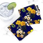 Yellow rose, Redoute rose / navy, yellow and white floral