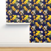 Yellow rose, Redoute rose / navy, yellow and white floral