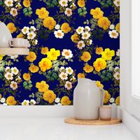 Yellow rose, Redoute rose / navy, yellow and white floral