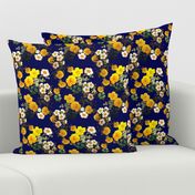 Yellow rose, Redoute rose / navy, yellow and white floral