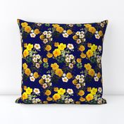 Yellow rose, Redoute rose / navy, yellow and white floral