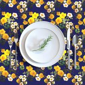 Yellow rose, Redoute rose / navy, yellow and white floral