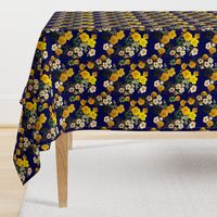 Yellow rose, Redoute rose / navy, yellow and white floral