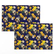 Yellow rose, Redoute rose / navy, yellow and white floral