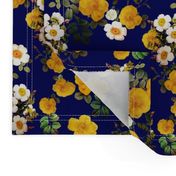 Yellow rose, Redoute rose / navy, yellow and white floral