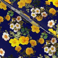 Yellow rose, Redoute rose / navy, yellow and white floral