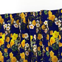 Yellow rose, Redoute rose / navy, yellow and white floral