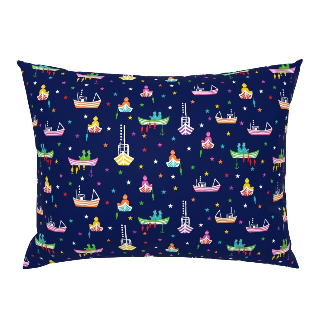 Rainbow boats or Scandinavian Fishing Boats at night with stars shining