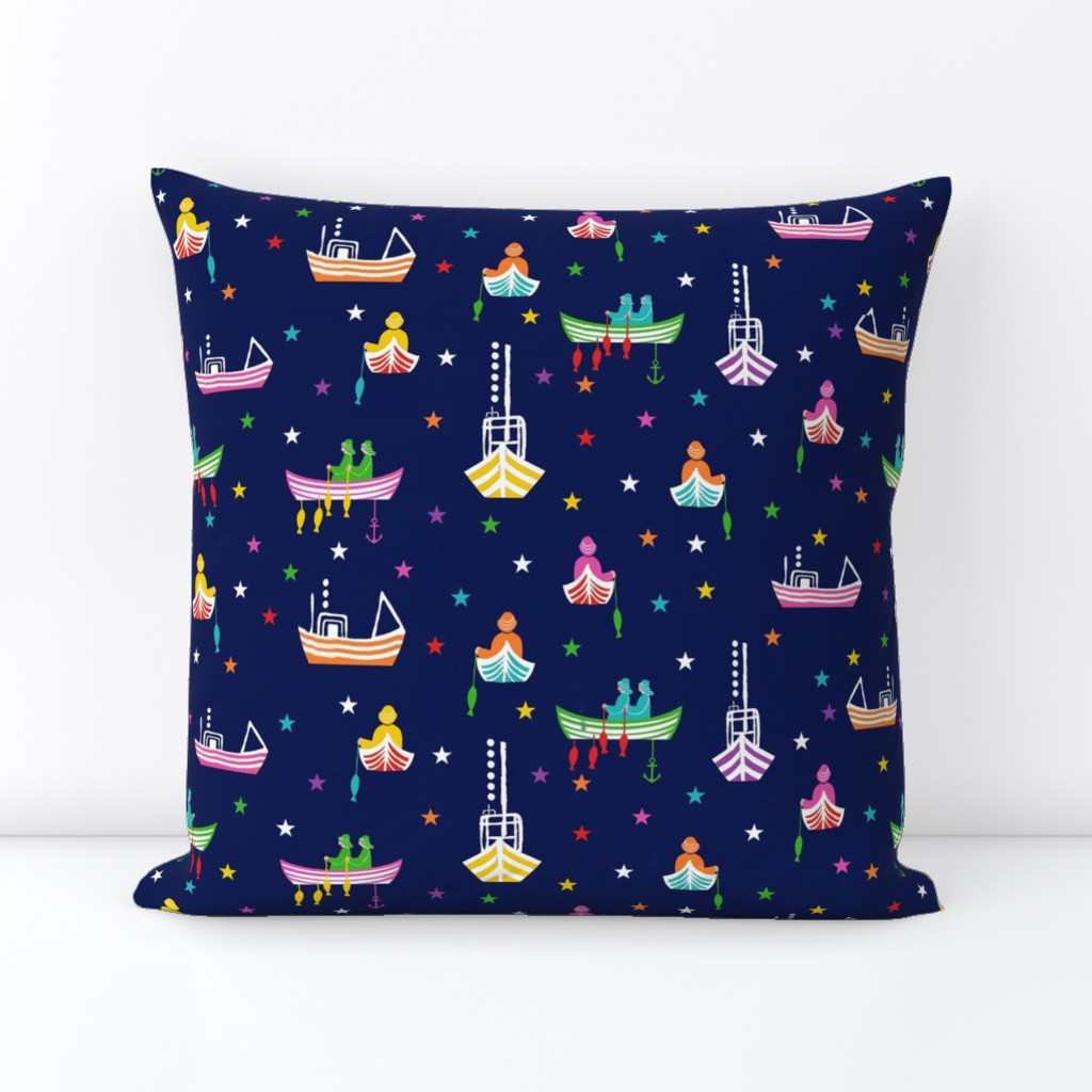 Rainbow boats or Scandinavian Fishing Boats at night with stars shining