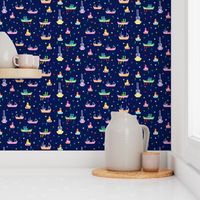 Rainbow boats or Scandinavian Fishing Boats at night with stars shining