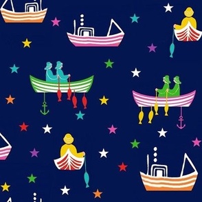 Rainbow boats or Scandinavian Fishing Boats at night with stars shining