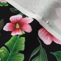 Pink Hibiscus  and Palm leaf  Tropical floral  Watercolor Floral / Swimwear coordinate 2019