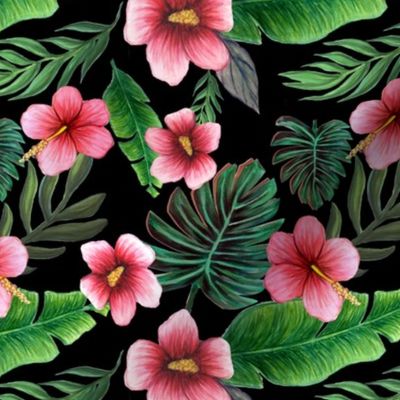 Pink Hibiscus  and Palm leaf  Tropical floral  Watercolor Floral / Swimwear coordinate 2019