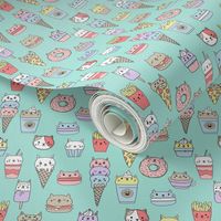 kawaii cat foods fabric - cute cat lady design, cats, cat print, cat junk food, sweets, - mint